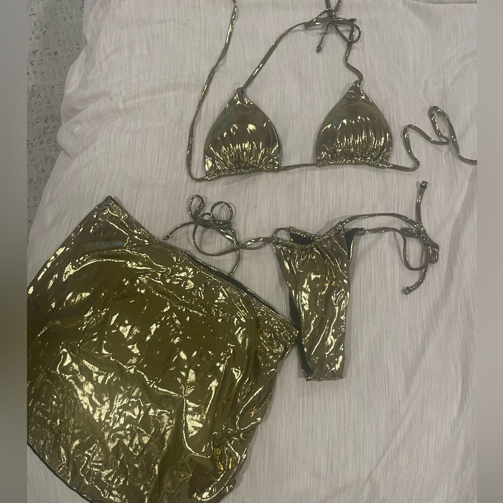 3pack Metallic Halter Triangle Bikini Swimsuit & Beach Skirt